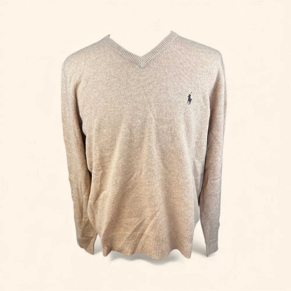 Polo Ralph Lauren Mens Tan V Neck‎ 100% Lambswool Sweater Size L